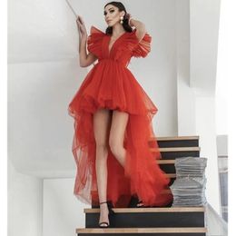 Fluffy High Low Prom Dresses Tulle Sexy V Neck Hi-Lo Train Party Gowns Ruffles Evening Dresses 2023