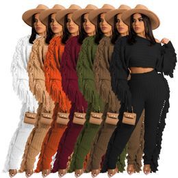 Designer Knitted Two 2 Piece Sets Women Fall Winter Tassels Tracksuits Long Sleeve Knitting Sweater and Pants Thicker Warm Sweatsuits Wholesale Clothes 10348