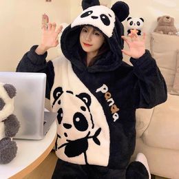 Women's Sleepwear Winter Thicken Pyjamas Set Women Coral Fleece Pyjama Cartoon Panda Hooded Homewear Loungewear Pijamas Suit