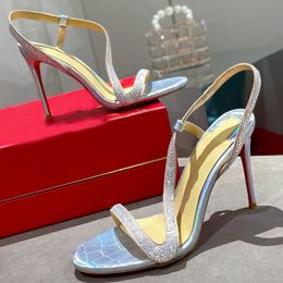 Rhinestone sexy side strap stiletto heels Leather luxury designer line with round head wedding party shoes open-toed shoes Sizes 35-43 +box