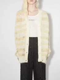 Women's Knits Knitted Cardigan 2023 Autumn Winter Mohair Blend V-Neck Single-Breasted Stripe Sweater