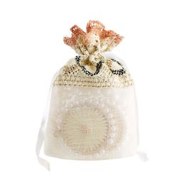 2023 New 10x14cm Beige Wave Lace Slub Yarn Fold Bottom Drawstring Pocket Jewellery Gift Accessories Packaging Wedding Party Favour Bags