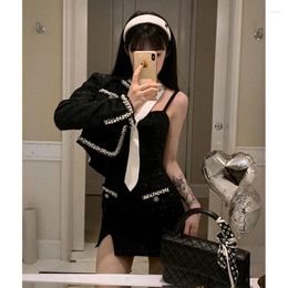 Work Dresses 2023 Autumn Casual 2 Piece Dress Set Women Elegant Y2k Clothing Black Jacket Coats Strap Mini Korean Fashion Suits Chic