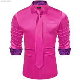 Men's Casual Shirts Hot Pink Designer Stretch Satin Shirts for Men Paisley Splicing Contrasting Colors Men Clothing Long Sleeve Men's Social Shirts Q231106