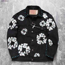 52fg Мужское дизайнерское джинсовое пальто Черные куртки Ковбойское украшение в стиле хип-хоп с драгоценными камнями и цветами Письмо на пуговицахУличная куртка