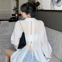 Women's Blouses Korean Sunscreen Shirts Women 2023 Summer Clothes Fashion Bandage Elegant Lapel Loose Long Sleeve See Through White Tops