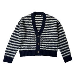 2023 Autumn Blue/ White Striped Knitted Cardigan Sweater Long Sleeve V-Neck Buttons Single-Breasted Sweaters Coats