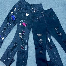 High Street Blue Diamond Men's Jeans Speckled Ink Hole Splicing Slim Fit Elastic Feet Black Denim Pants