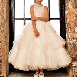 Girl Dresses Pageant Charming Flower For Wedding With Pearls High Neck Tulle Tiered Birthday Evening Gown First Communion Dress