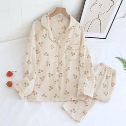 Women's Sleepwear Cotton Pajamas Winter Long Sleeved Pants 2 Pieces Autumn Loungewear Cherry Print Women Homewear