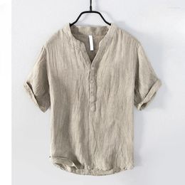 Men's T Shirts 2023 Summer Vintage Pure Linen Short Sleeve Shirt For Men Thin Solid Colour Slim Clothing Big Size BL888