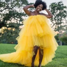 Yellow Strapless African Cocktail Dresses Ruffles Birthday Party Gowns Short High Low Black Girl Prom Dresses Vestidos De Novia