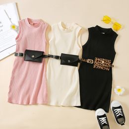 Girls Dresses Kids Baby Dress Solid Colour Crew Neck Sleeveless Ribbed Gown with Waist Belt and Bag for 16 Years 230406