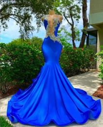 Spectacular African Mermaid Long Prom Dresses Royal Blue Evening Gowns Satin For Black Girls Party Gowns Beaded Pageant Evening Dress Graduation O Neck Robe De Bal
