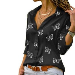 Women's Blouses Shirts Fashion Butterfly Printed Women's Shirt Long sleeved Polo Neck Shirt Casual V-neck Elegant Work Shirt Top 230406