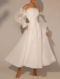 Bridal Shower Little White Wedding Dress 2024 Ankle Length A-Line Long Sleeve Strapless Organza Bride Gowns Vestidos De Novia