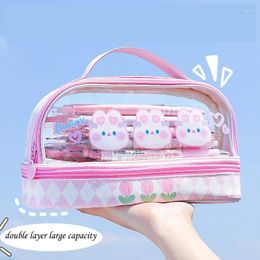 Kawaii Pencil Case Double Layer Large Capacity Pen Bag Cartoon Handle Transparent Box For Girls School Supplie Stationary