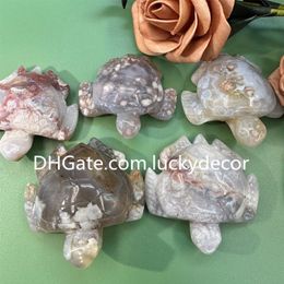 Natural Cherry Blossom Agate Turtle Statue Decor Sakura Quartz Crystal Tortoise Figurine Healing Reiki Flower Gemstone Animal Sculpture Carving Small 50-60mm