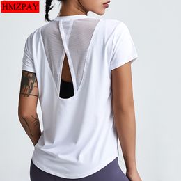 Yoga Outfits Loose Clothes Tops ShortSleeved Running QuickDrying TShirts Short Sports Hollow Fitness Womens Blouses 230406