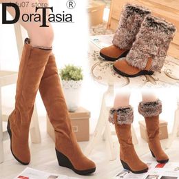 Boots DoraTasia 34-43 Winter 3 Styles Fur Boots Ladies High Heels Platform Knee High Snow Boots Women 2019 Warm Fur Wedge Shoes Woman T231106