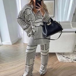 Women's Two Piece Pants Satin Drape Printed Shirt Two-piece Set Temperament Commuter Stripe Casual Suit Outfits For Women Matching Sets