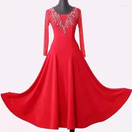 Stage Wear Lady Ballroom Competition Dance Dresses Red Long Sleeve Waltz Skirt Advanced Customization Standard Dancing Dress