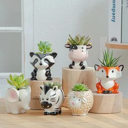 Vases Nordic Style Ceramic Animal Flower Pot Cartoon Zebra Sheep Cow Head Mini Succulents Plants Bonsai Pots Home Decoration