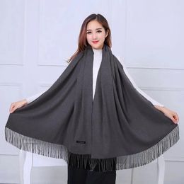 Scarves Women Dark Grey Pashmina Scarf Soft Solid Plain Shawl Wrap Fashion Warm Neck With Fringes