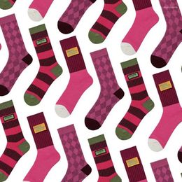 Women Socks 3 Pairs/lot Autumn Winter Magenta Striped Cotton Middle Tube For Label Colour Patchwork Retro Fashion Girl