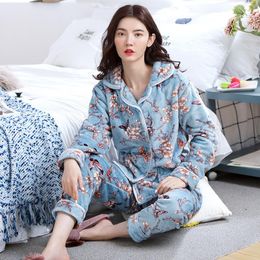 Women's Sleepwear 2pcs Women's Pyjamas Autumn Winter Thicken Pyjama Keep Warm Sets Women Cute Home Clothes Suit Flannel U-neck Pijama