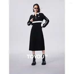 Casual Dresses Toyouth Women Two Piece Dress Set 2023 Autumn Long Sleeve Polo Neck A-shaped Embroidery Split Hem Fashion Chic Black Skirt