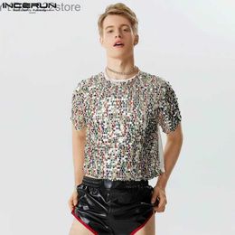 Men's T-Shirts Party Shows Style Tops Men's Sequin See-through Mesh Design T-shirts Sexy Leisure Patchwork Short Sleeved Camiseta S-5XL YQ231106