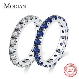 Solitaire Ring MODIAN Luxury Sparkling Blue Cubic Zirconia Ring 925 Sterling Silver Classic Stackable Finger Rings For Women Statement Jewelry 230404