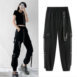 QNPQYX New Spring Summer Cargo Women's Pants Punk Black Female Joggers Streetwear Harem Ankle-Length Trousers with chain
