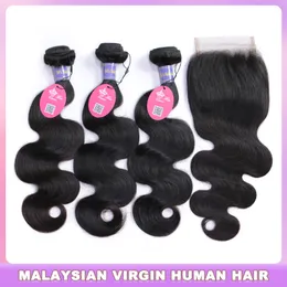 Top-Qualität reines Echthaar Bundles mit Verschluss malaysische Körperwelle Bundle mit Spitzenverschluss Rohhaar-Webart-Erweiterungen 3 oder 4 Bundles Queen Hair Products