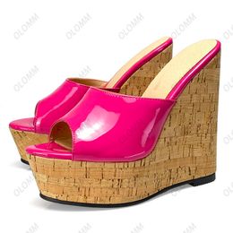 Olomm Customize Color Women Platform Slingback Sandals Wedges Heels Open Toe Shiny Black Blue Dress Shoes Women US Size 5-20