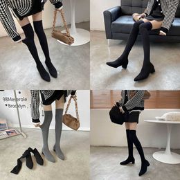 quality Boots Silk Stockings Autumn Winter New Mesh Red Knitted Thick Heeled Knee Socks Women's Long Tube High Elastic Medium Heel