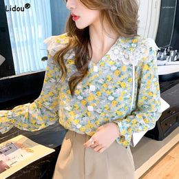 Women's Blouses V-neck Straight Gauze Lace Patchwork Printing Flare Sleeve Sweet Spring Summer Thin Button Clothing 2023 Casual Fashion