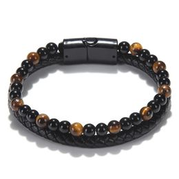 Trendy Men Leather Lava Stone Bangle For Women Multi-layer Tiger's Eye Stone Magnetic buckle Bracelet Fashion Jewellery Gift