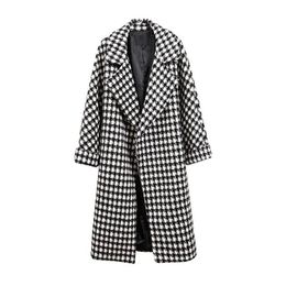 Women's Wool & Blends Nice Women Autumn Winter Houndstooth Long Coat Full Sleeve Woollen Overcoat Straight Jacket Thick CloakWomen's