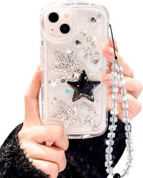 Iphone Case Cute Glitter 3D Stars Crystal Heart Clear With Design Aesthetic Women Teen Girls Pretty Sparkly Cute Case Protective Cover+Crystal Phone Chain