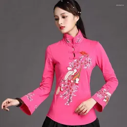 Ethnic Clothing Style Cheongsam Women Plus Size Tops Cotton Splicing Stand Up Collar Long Sleeve Embroidery Chinese Qipao Shirts
