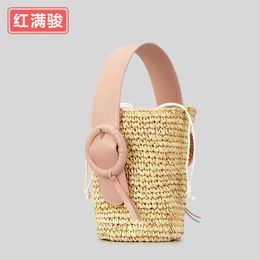 Spring and Summer Handmade Woven Bucket Bag for Women Insen Series Beach Vacation Grass Woven Bag with Small Design Drawstring Handheld Bag 230406