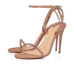 Summer Popular Women So Me Sandals Shoes Luxurious Brand Red Sole Pumps Round Toe Women High Heels Nude Black Pink Wedding Party Dress Evening Open Toe Rivets Sandal