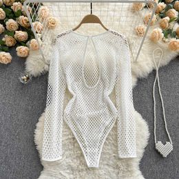 Nxy Sexy White Mesh Bodysuits Perspective Hollow Out Long Sleeves Jumpsuit Slim O Neck Blouse Transparent Plaid Rompers 230328