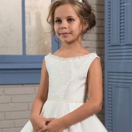 Girl Dresses White Satin Sleeveless Ball Bow Flower For Wedding 2023 Gown Kids First Communion Dress Elegant Birthday