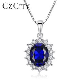 Czcity Elegant Oval Princess Diana William Sapphire Pendant Necklace For Women 100% 925 Sterling Silver Charms Necklace Jewellery MX265N