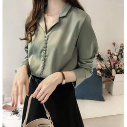 Women's Blouses Multi-buttons Green Shirt Women Notched Neck Suit Loose Office Lady Harajuku Spring Fall Long Sleeve Vintage Tops N789