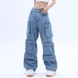 Women s Jeans Pocket Solid Colour Overalls Y2K Street Retro Loose Wide Leg Couple Casual Joker Mopping Pant 230404