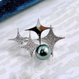 Pins Brooches MeibaPJ 9-10mm Natural Black Pearl Stars Corsage Brooch Fashion Sweater Jewellery for Women Empty Tray Q231107